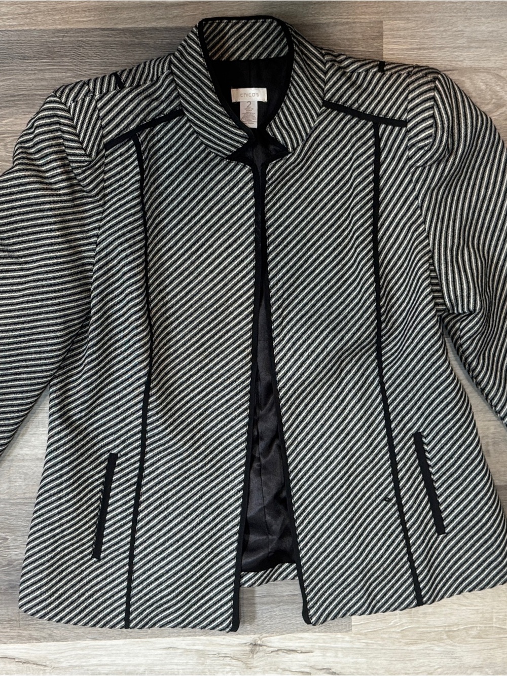 Chico's Black and White Diagonal-Striped Open Blazer